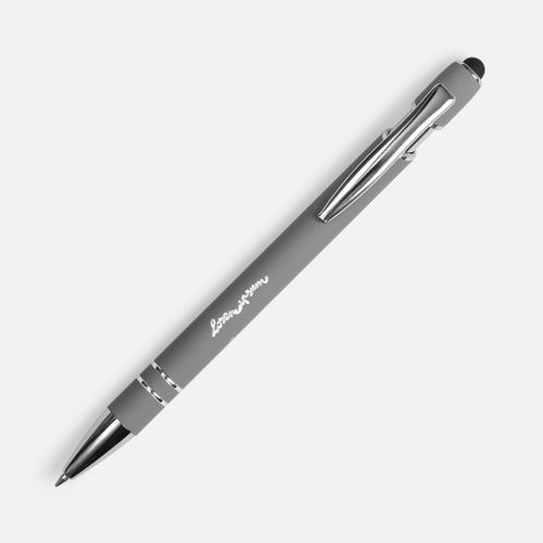 Ручка шариковая Pointer Soft Touch со стилусом, серая: лазерная гравировка — пример готового нанесения, фото 1 из 7