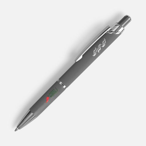 Ручка шариковая Chromos Soft Touch, серая: лазерная гравировка и уф-печать — пример готового нанесения, фото 1 из 4