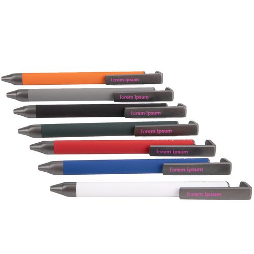 Ручка шариковая Standic Soft Touch с подставкой для телефона, синяя: лазерная гравировка и тампопечать — пример готового нанесения, фото 1 из 3