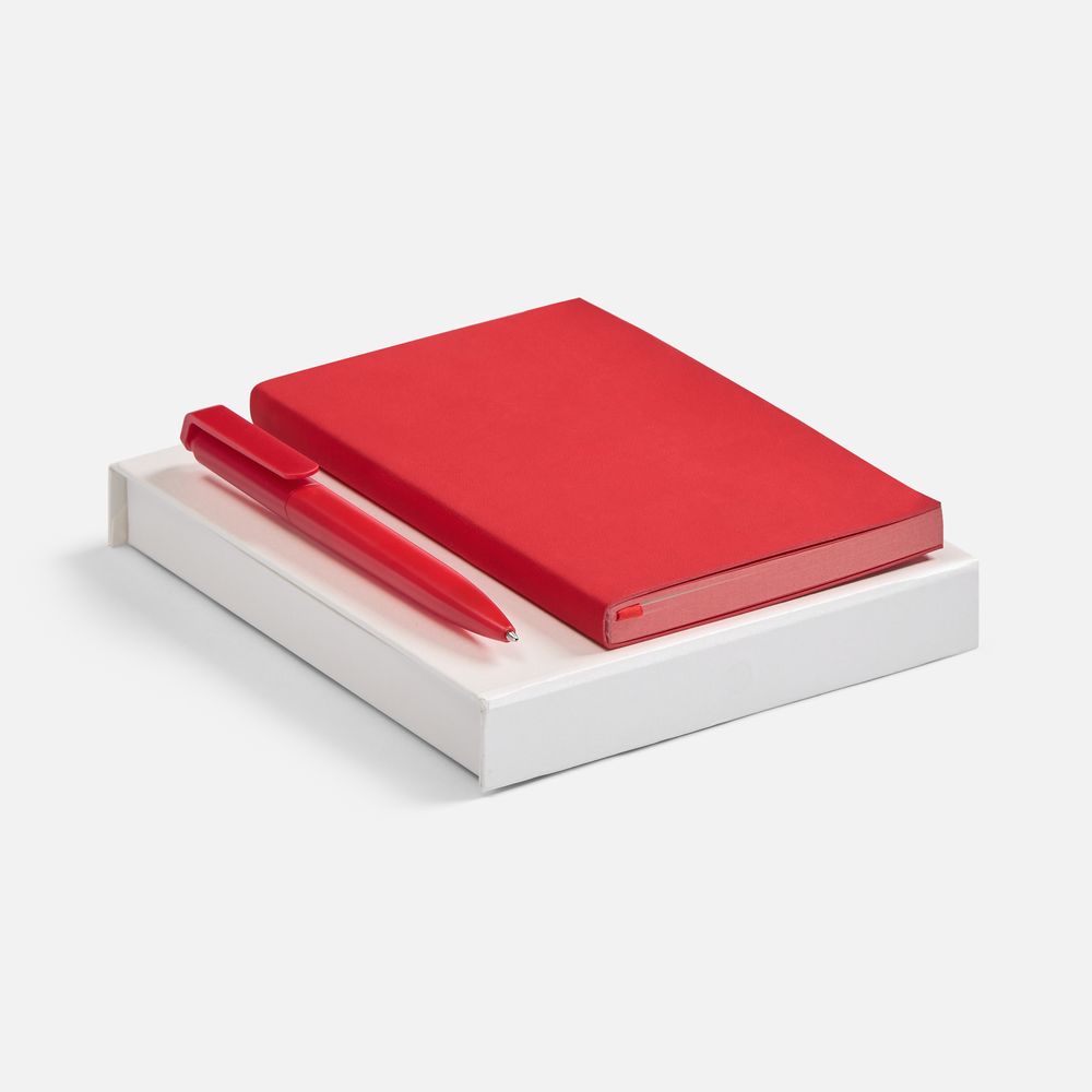 Набор Flat Mini, красный — ежедневник - искусственная кожа, покрытие софт-тач; ручка - металл, пластик, покрытие софт-тач