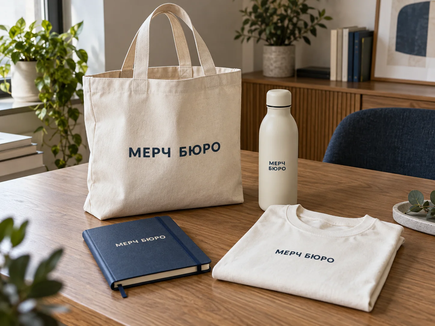Открытый шоппер, блокнот, бутылка и футболка с единым русским логотипом на столе