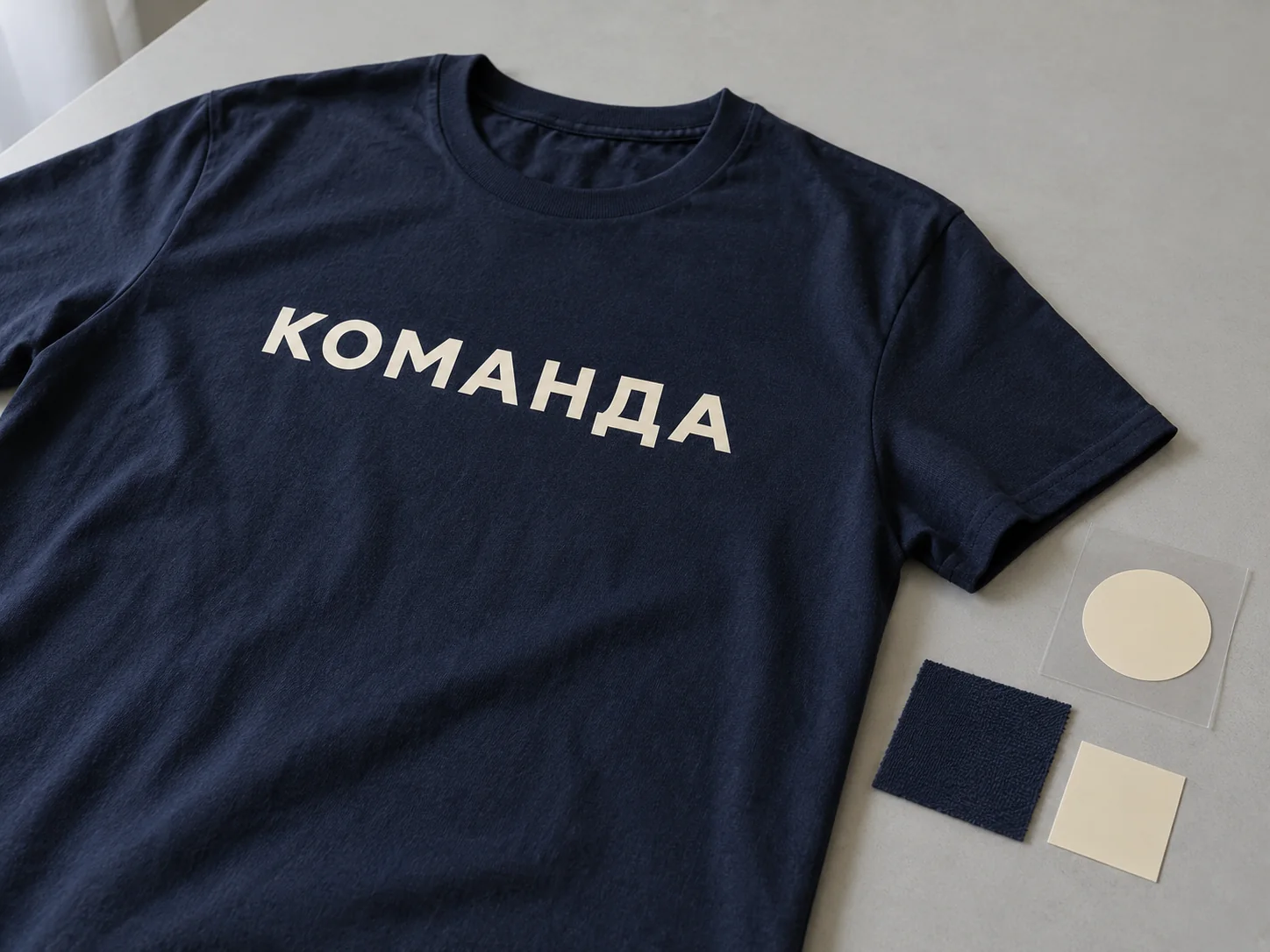 Тёмно-синяя футболка с надписью КОМАНДА, плёнка на подложке и образцы на рабочем столе