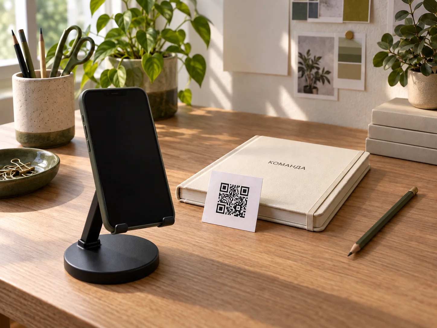 Блокнот с русской надписью, карточка с условным макетом QR-кода и телефон на подставке