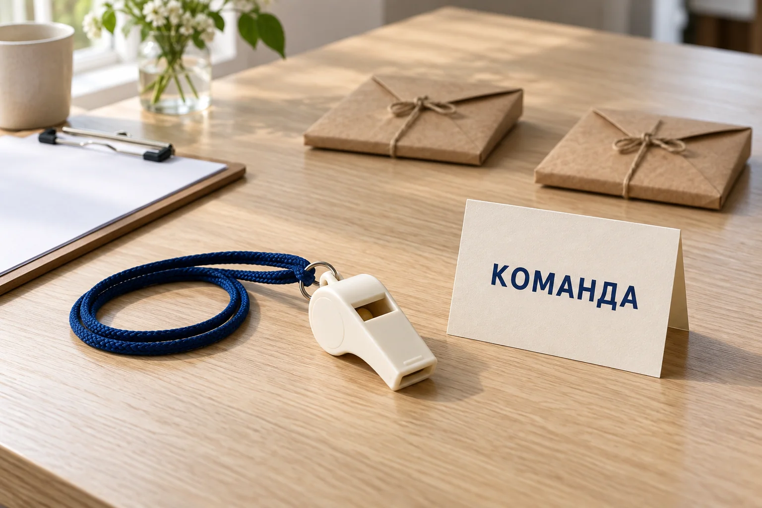 Свисток с синим шнурком, карточка КОМАНДА и отдельные подарочные конверты на столе