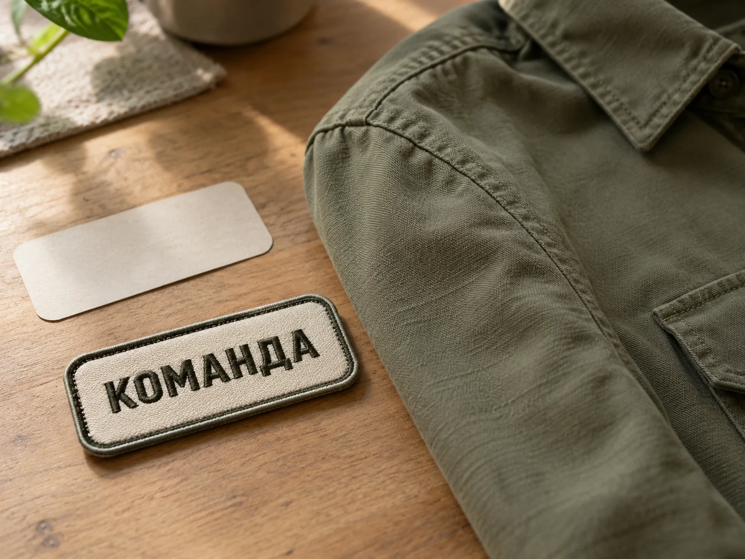 Отдельный вышитый шеврон «КОМАНДА» с обработанным краем рядом с одеждой и бумажным контуром